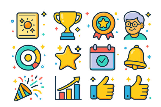 Senior Fitness Icons. Fitness motivation for seniors. Colorful isometric vector icons set of Fitness motivation for seniors: daily quote card, trophy icon,