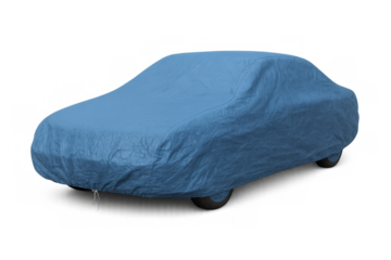 Blue car cover protecting an automobile, providing waterproof outdoor storage and vehicle safety on a transparent background