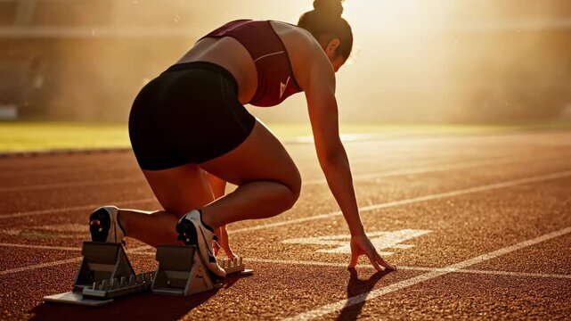 Female athlete prepares to sprint at dawn, crouched at the start line, focused and ready for competition. Dynamic energy, motivation, and the spirit of perseverance.
