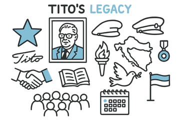 Tito's Iconic Symbols. // Tito?s legacy. Hand-drawn doodle illustration Tito?s legacy [portrait frame (accented), signature (accented), star badge (accented),