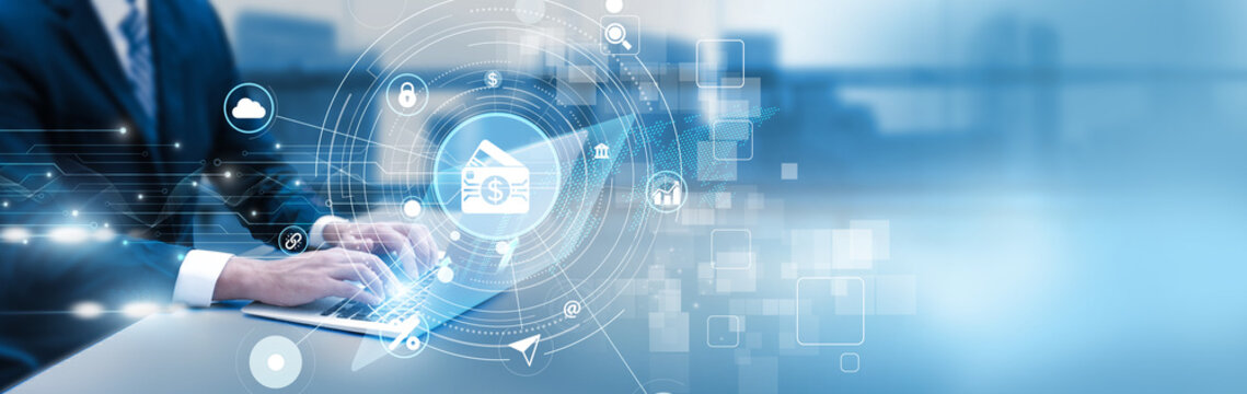 Finance professional analyzing digital payments data on laptop, transaction dashboard, e-wallet analytics, and secure online finance system. - Powered by Adobe