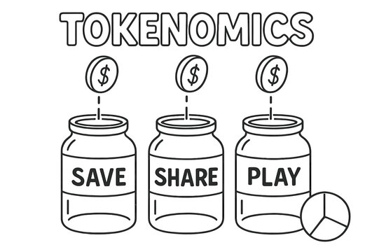 Tokenomics Coloring Fun. Tokenomics for kids children?s coloring book illustration, outlined drawing, three jars labeled ?Save,? ?Share,? and ?Play? with coin