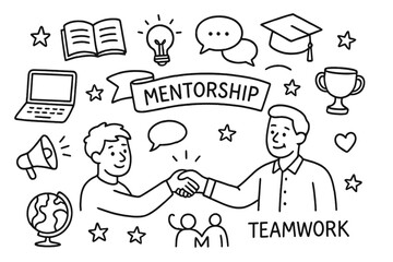 Naklejka premium Mentorship Icons. Mentorship. Hand-drawn doodle illustration Mentorship young person, mentor, handshake, books, laptop, globe, lightbulb, banner, speech