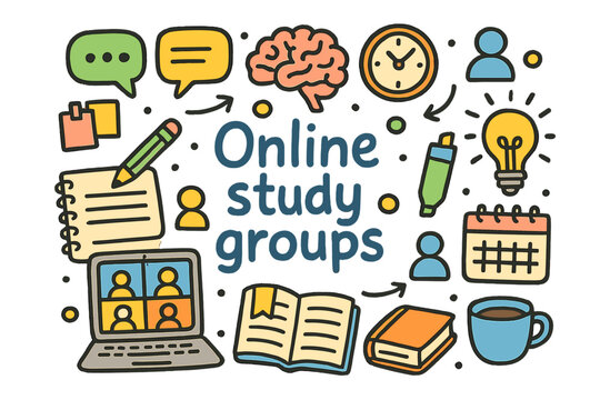 Virtual Study Session. Online study groups. Hand-drawn doodle illustration of Online study groups. Laptop,