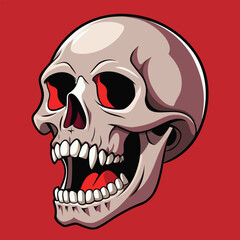 Fototapeta premium Creepy skull with glowing red eyes and sharp teeth on a red background