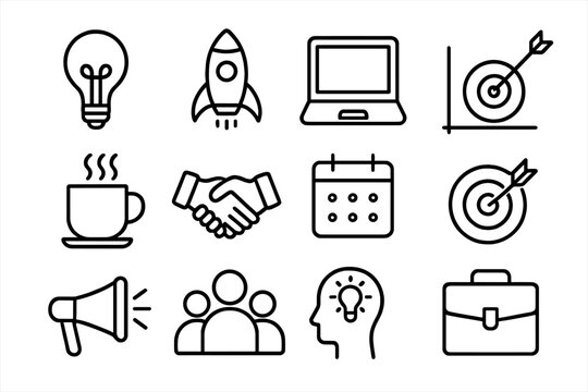 Entrepreneur Icons Grid. Entrepreneurial mindset. Line outline icon set of entrepreneurial mindset: light bulb