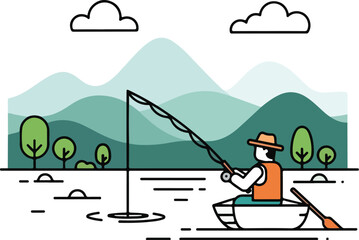 Fisherman in Boat with Bent Rod on Scenic Lake with Mountain Landscape Outline