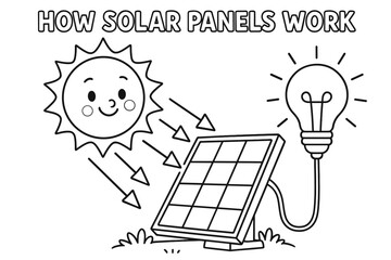 Fototapeta premium Solar Power Fun. How solar panels work children?s coloring book illustration, outlined drawing, a cheerful sun sending arrows of light to a panel connected to