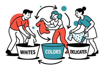 Laundry Sorting Flowchart. Organizing Laundry Baskets. Three geometric bins labeled ?Whites,? ?Colors,? and ?Delicates? form a tidy triangle. Floating arrows