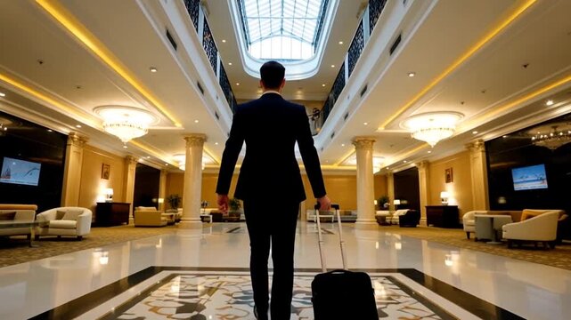 Business traveler pulling luggage in grand hotel lobby, chandeliers reflecting warm golden light