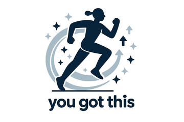 Obraz premium Empowered Runner Vibes. Exercise ? Confidence Boost. Minimal runner silhouette framed by glowing trails; small upward arrows and stars mark progression. Text