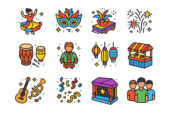 Colorful Cultural Icons. Cultural event. Colorful isometric vector icons set of cultural event: traditional dance, festival mask, parade float, fireworks,