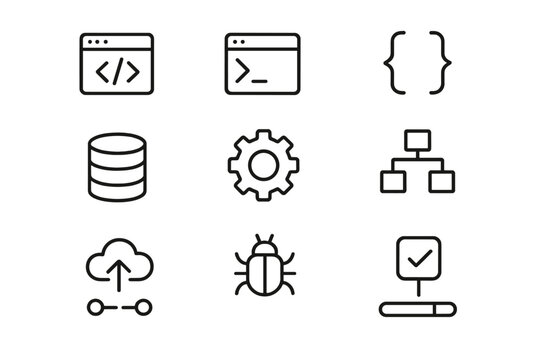 Software Icon Set. Software Development. Line icon set of Software Development: code editor, terminal window, brackets, database icon, gear, flowchart, deploy