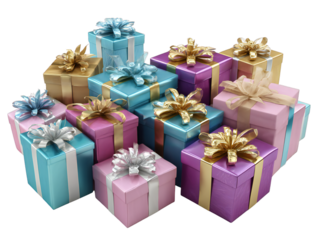 Colorful gift boxes with ribbons and bows isolated on transparent background