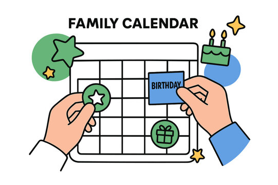 Family Calendar Celebrations. Marking special dates. Hands placing stickers and notes on a family calendar,