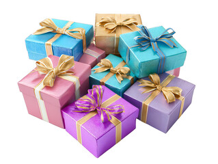 Obraz premium Colorful gift boxes with ribbons and bows isolated on transparent background