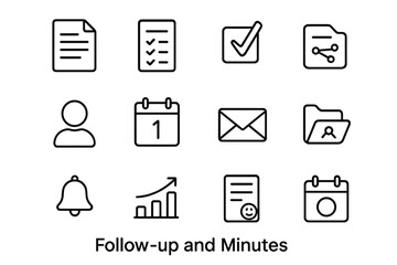 Follow-up Icon Set. Follow-up and Minutes. Line icon set of Follow-up and Minutes: meeting minutes document, attendance list, decisions check, action items