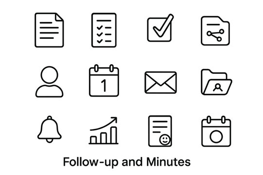 Follow-up Icon Set. Follow-up and Minutes. Line icon set of Follow-up and Minutes: meeting minutes document, attendance list, decisions check, action items