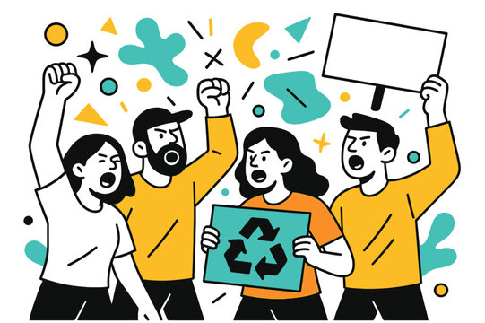 Energetic Environmental Activism. Environmental Protests. Crowd chanting slogans with floating abstract geometric shapes and green accents, energetic and