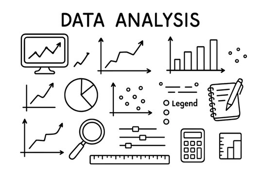 Data Analysis Doodle. Data Analysis. Hand-drawn doodle illustration Data Analysis line graph, bar chart, pie chart, scatter plot, axes, clipboard, pen,
