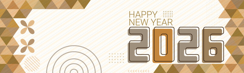 Elegant Happy New Year 2026 Brown and Gold Geometric Banner