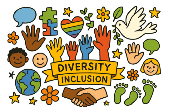 Diversity and Unity. Diversity and inclusion. Colorful Hand-drawn doodle Children illustration Diversity and inclusion hands of all colors, rainbow heart,