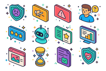 Cyberbullying Prevention Icons. Cyberbullying prevention in games. Colorful isometric vector icons set of Cyberbullying prevention in games: anti-bullying