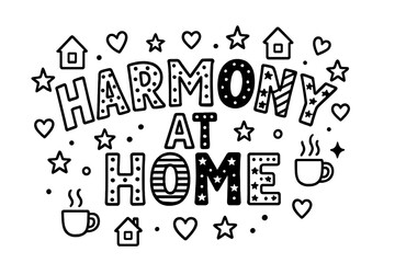 Harmony at Home. Harmony at Home ? playful decorative display lettering; patterned letters (dots/stripes/stars), gently arched word-shape; framed with small