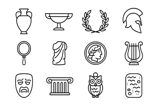 Greek Relics Icons. Greek relics. Line icon set of Greek relics: amphora, kylix, laurel wreath, hoplite helmet, bronze mirror, statue fragment, drachma coin,