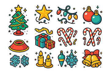 Fototapeta premium Colorful Christmas Icons. Yuletide tree. Colorful isometric vector icons set of yuletide tree: decorated Christmas tree, star topper, string lights, baubles,