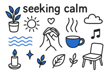 Calmness Symbols Illustrated. // Seeking calm. Hand-drawn doodle illustration Seeking calm [hands clasped (accented), deep breath lines (accented), plant,