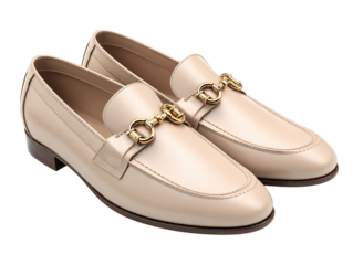 Beige leather loafers with gold buckle isolated on transparent background