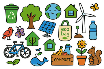 Naklejka premium Colorful Eco Doodle. Eco-Friendly Living. Colorful Hand-drawn doodle Children illustration Eco-Friendly Living recycling bin, tree, solar panel, wind turbine,