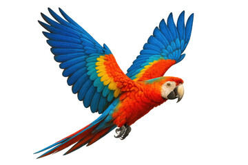 Fototapeta premium Scarlet macaw flying through colorful tropical environment, showing its vibrant plumage and elegant wingspan on a transparent background