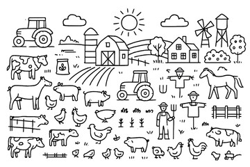 Fototapeta premium Farm Doodle Illustration. farm landscape. Hand-drawn doodle illustration farm landscape tractors, cows, pigs, chickens, horses, barns, silos, fences, fields,