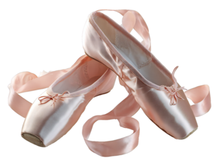 Pink satin ballet pointe shoes with ribbons isolated on transparent background