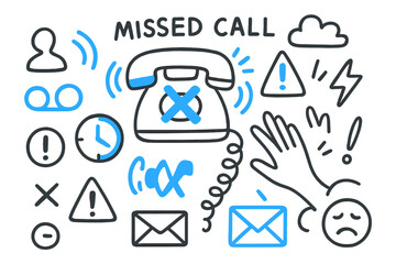 Fototapeta premium Missed Call Doodle. // Missed call. Hand-drawn doodle illustration missed call [phone with red X (accented), ringing icon (accented), voicemail bubble, contact