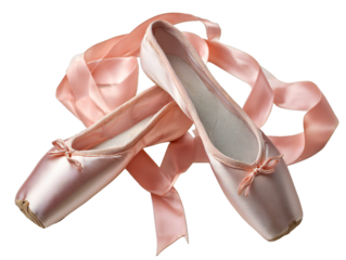 Pink satin ballet pointe shoes with ribbons isolated on transparent background
