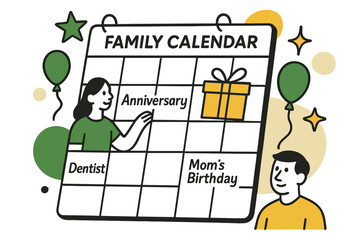 Family Calendar Celebrations. Organized memories. A close-up of a family calendar with handwritten notes,
