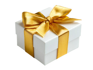 Obraz premium White gift box with golden ribbon bow isolated on transparent background