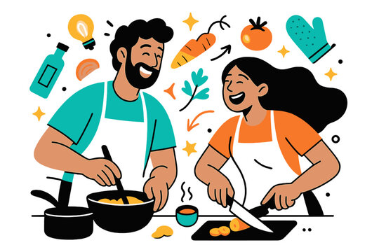 Cooking Together Bliss. Love through shared hobbies. A couple cooking together in a bright kitchen, glowing