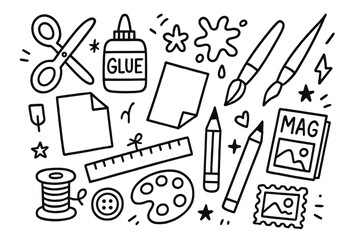 Craft Tools Doodles. Mixed media art. Hand-drawn doodle illustration mixed media art scissors, glue, brush, pen, paper, magazine cutout, paint splatter, ruler,