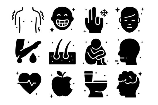 Cold Exposure Icons. Body responses to cold exposure. Solid icons set of Body responses to cold exposure: shiver tremor lines, teeth chattering, blue