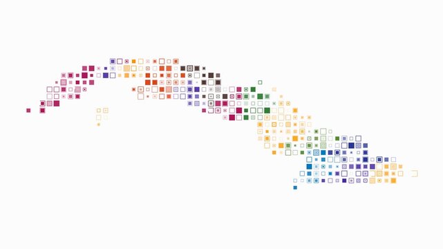 Cuba map animation. Shape of the country with pulsating colored dots. Small size square blocks. Digital style Cuba map on white background. Creative video.