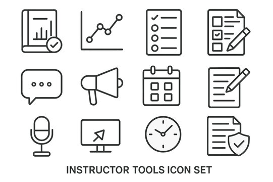 Instructor Tools Set. Instructor tools. Line icon set of instructor tools: gradebook, analytics chart, attendance list, rubric, comment bubble, announcement,