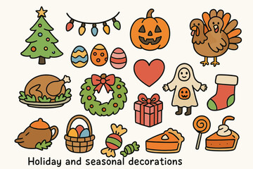 Seasonal Festive Icons. Holiday and seasonal decorations. Hand-drawn doodle illustration Holiday and seasonal decorations, Christmas tree, colored Christmas