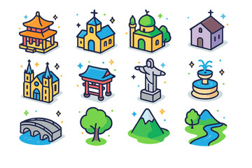 Naklejka premium Colorful Pilgrimage Icons. pilgrimage path. Colorful isometric vector icons set of pilgrimage path: temple, church, mosque, monastery, cathedral, shrine,