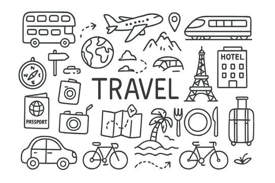 Travel Doodle Compilation. Travel. Hand-drawn doodle illustration acquiring knowledge airplanes, trains, buses, cars, bicycles, maps, compasses, suitcases,