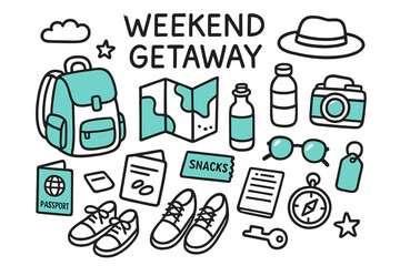 Weekend Getaway Essentials. // Weekend getaway. Hand-drawn doodle illustration Weekend getaway [travel bag (accented), map (accented), camera (accented),
