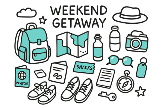 Weekend Getaway Essentials. // Weekend getaway. Hand-drawn doodle illustration Weekend getaway [travel bag (accented), map (accented), camera (accented),